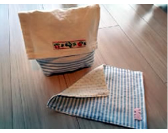 ストライプ柄の生地で作った通園グッズ