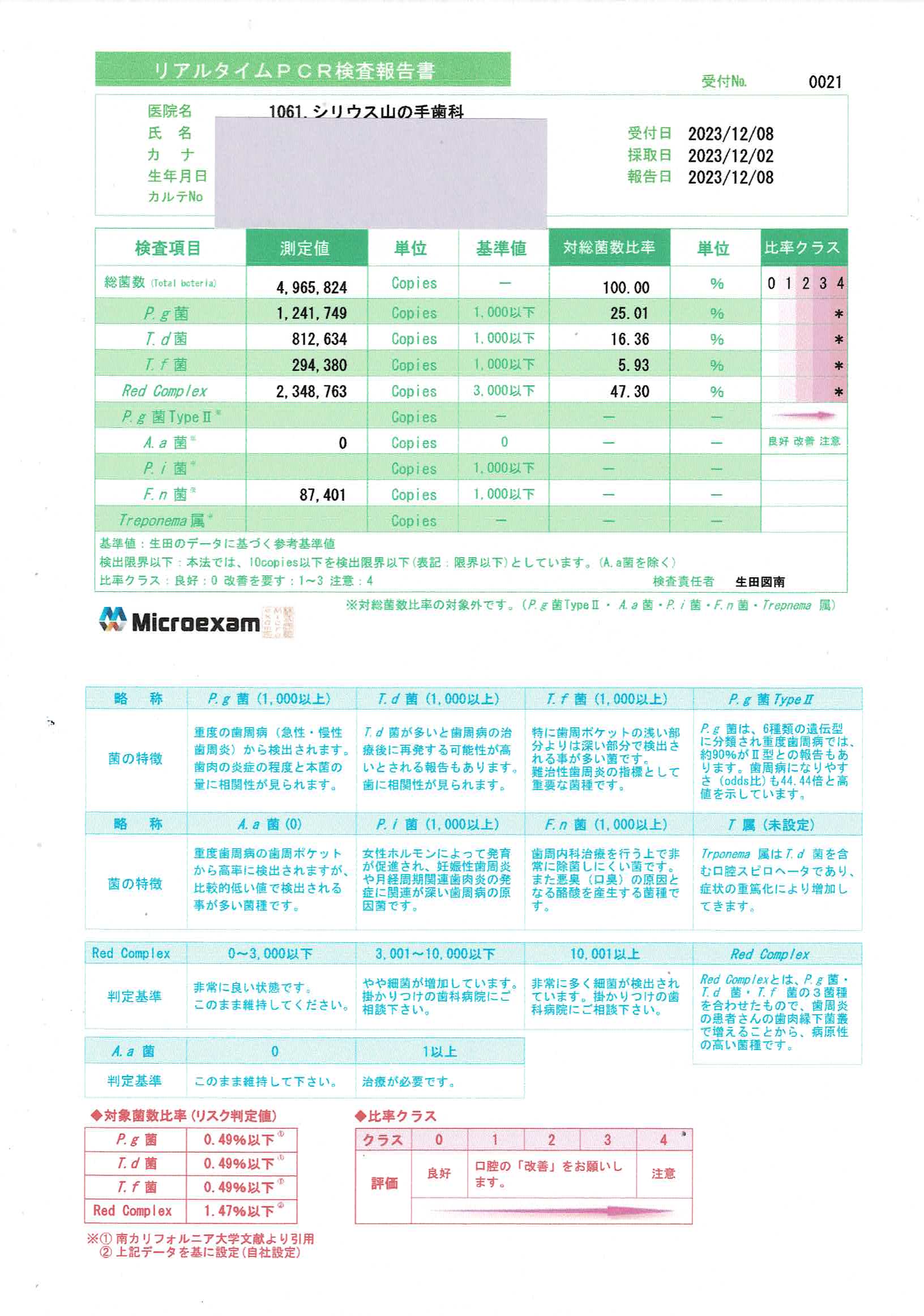 リアルタイムPCR検査報告書
